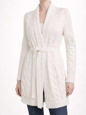 L’AGENCE Jax Ivory Belted Cable Knit Cardigan Small NWT